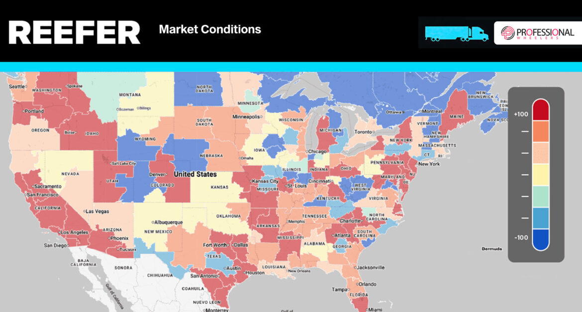 A colour-coded map of the United States showing reefer freight market conditions by region, with red indicating high demand areas and blue indicating low demand, branded by Professional Wheelers.