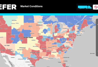 A colour-coded map of the United States showing reefer freight market conditions by region, with red indicating high demand areas and blue indicating low demand, branded by Professional Wheelers.