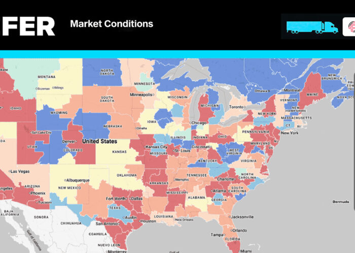 A colour-coded map of the United States showing reefer freight market conditions by region, with red indicating high demand areas and blue indicating low demand, branded by Professional Wheelers.